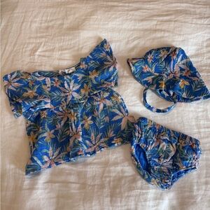 Angel Dear Blue Floral Baby Top with Matching Bloomers & Sun Hat
